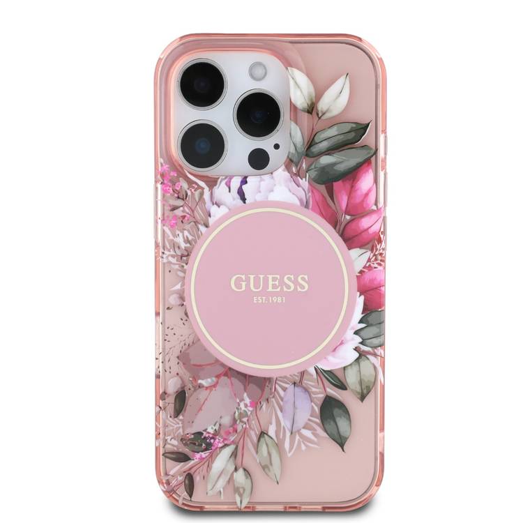 Guess Magsafe IML Transparent Hard Case with Flower Design & Tonal Circle Logo for iPhone 16 Pro Max, Lightweight, High Quality Material - Pink