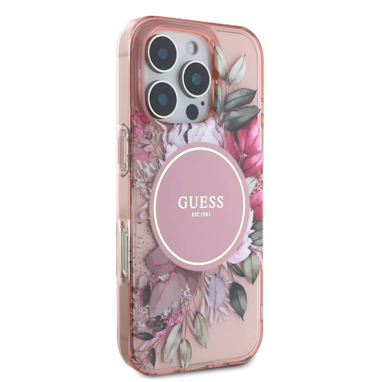 Guess Magsafe IML Transparent Hard Case with Flower Design & Tonal Circle Logo for iPhone 16 Pro Max, Lightweight, High Quality Material - Pink