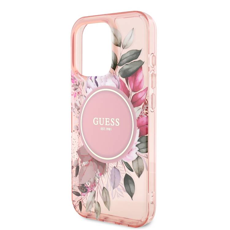 Guess Magsafe IML Transparent Hard Case with Flower Design & Tonal Circle Logo for iPhone 16 Pro Max, Lightweight, High Quality Material - Pink