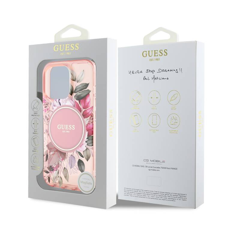 Guess Magsafe IML Transparent Hard Case with Flower Design & Tonal Circle Logo for iPhone 16 Pro Max, Lightweight, High Quality Material - Pink