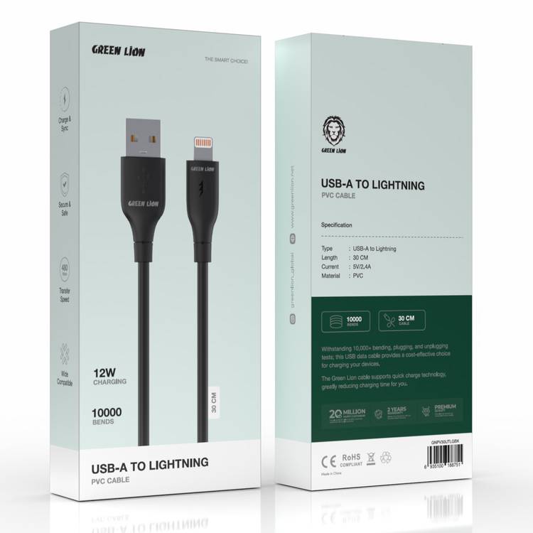 Green Lion USB-A to Lightning PVC Cable 30cm, 480Mbps Transfer Speed, 12W, Charge & Sync, more than 10,000 Bends Life Span, Secure & Safe - Black