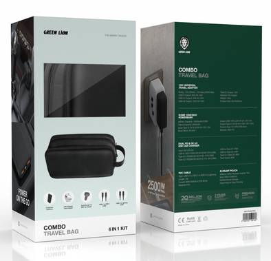 Green Lion Combo Travel Bag 6 in 1 Kit, Dual PD & QC 3.0 50W Car Charger, 10000mAh Power Bank, 12W Adapter, Type C & Lightning Cable - Black