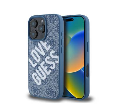 Guess PU 4G Hard Case with Big Love Guess Logo For iPhone 16 Pro Max, High Quality Material, Lightweight, Easy Snap-on - Blue