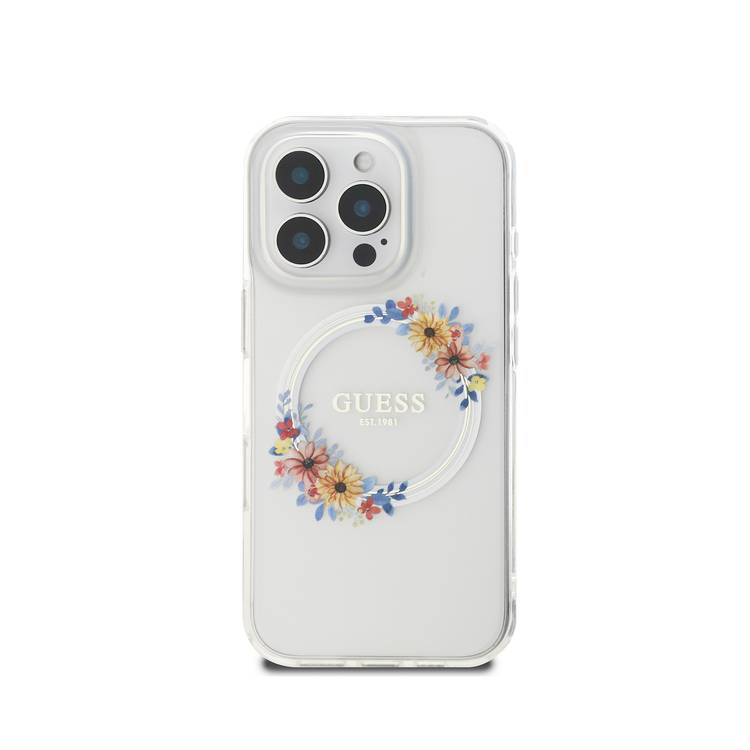 Guess Magsafe IML Hard Case with Flower Wreath Design for iPhone 16 Pro Max, Lightweight, Comfortable and Secure Grip, High Quality Material - Transparent