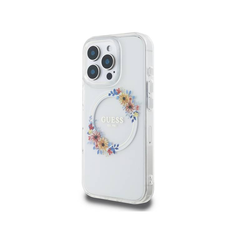 Guess Magsafe IML Hard Case with Flower Wreath Design for iPhone 16 Pro Max, Lightweight, Comfortable and Secure Grip, High Quality Material - Transparent
