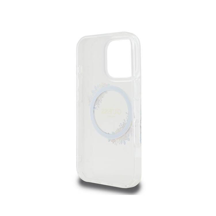 Guess Magsafe IML Hard Case with Flower Wreath Design for iPhone 16 Pro Max, Lightweight, Comfortable and Secure Grip, High Quality Material - Transparent
