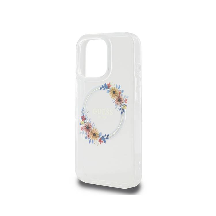 Guess Magsafe IML Hard Case with Flower Wreath Design for iPhone 16 Pro Max, Lightweight, Comfortable and Secure Grip, High Quality Material - Transparent