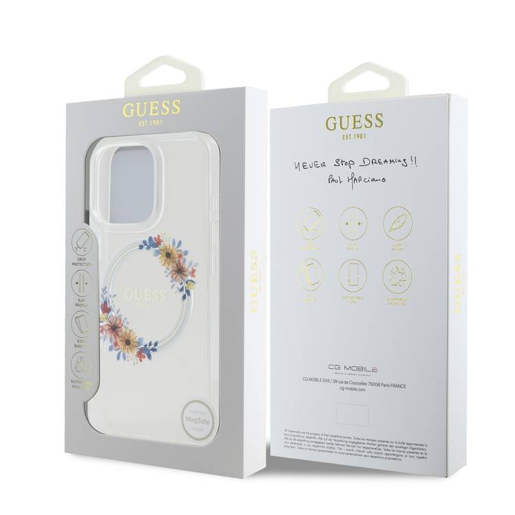 Guess Magsafe IML Hard Case with Flower Wreath Design for iPhone 16 Pro Max, Lightweight, Comfortable and Secure Grip, High Quality Material - Transparent