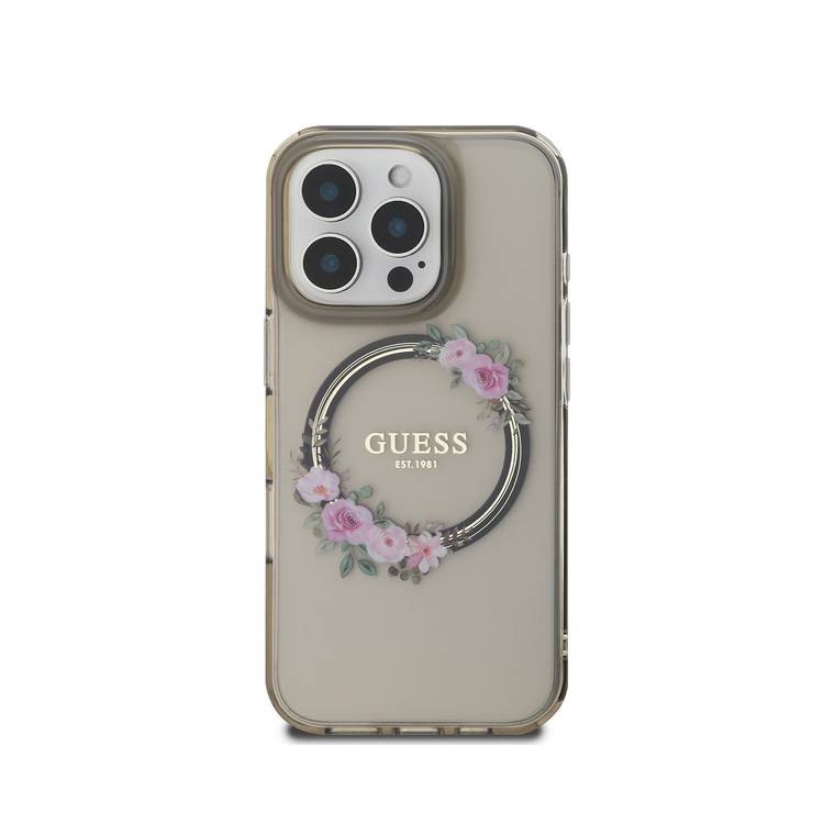Guess Magsafe IML Hard Case with Flower Wreath Design for iPhone 16 Pro Max, Lightweight, Comfortable and Secure Grip, High Quality Material - Black