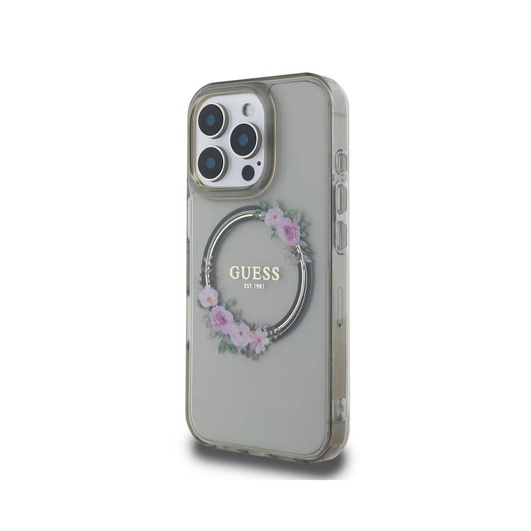 Guess Magsafe IML Hard Case with Flower Wreath Design for iPhone 16 Pro Max, Lightweight, Comfortable and Secure Grip, High Quality Material - Black