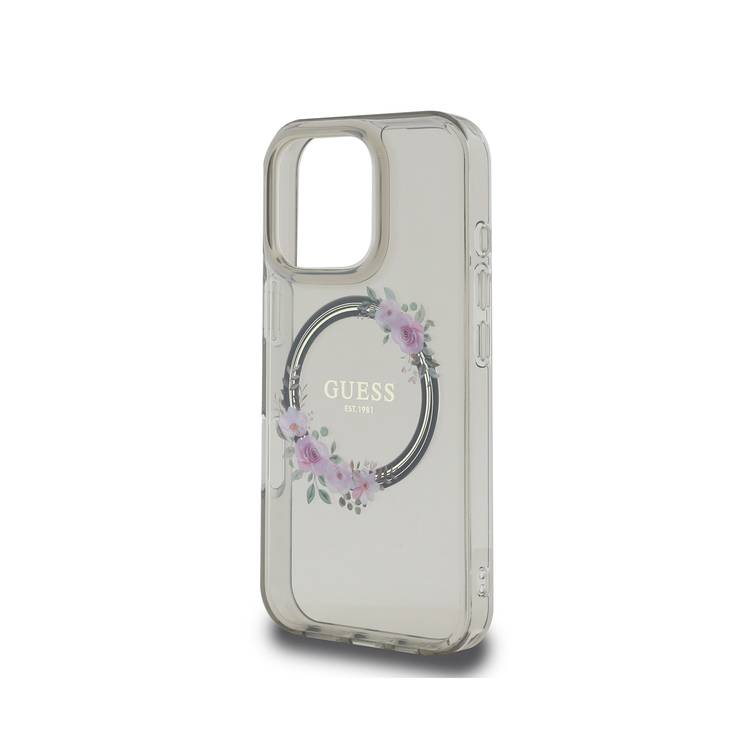 Guess Magsafe IML Hard Case with Flower Wreath Design for iPhone 16 Pro Max, Lightweight, Comfortable and Secure Grip, High Quality Material - Black