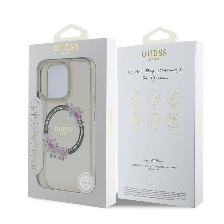 Guess Magsafe IML Hard Case with Flower Wreath Design for iPhone 16 Pro Max, Lightweight, Comfortable and Secure Grip, High Quality Material - Black