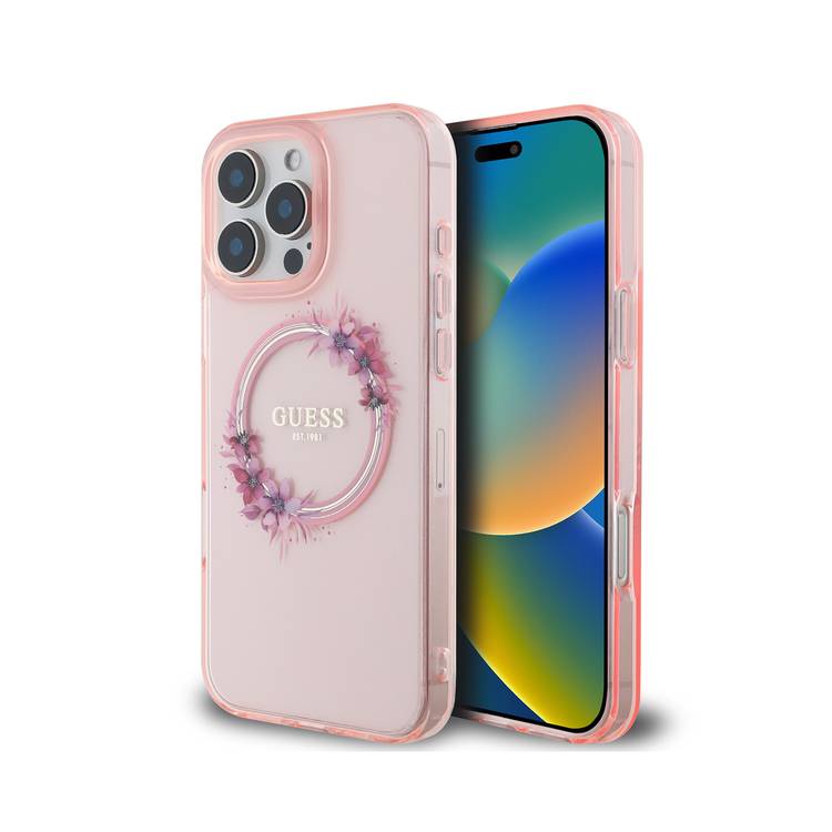 Guess Magsafe IML Hard Case with Flower Wreath Design for iPhone 16 Pro Max, Lightweight, Comfortable and Secure Grip, High Quality Material - Pink