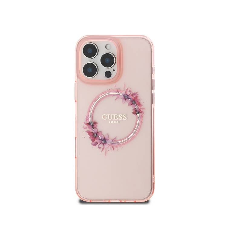 Guess Magsafe IML Hard Case with Flower Wreath Design for iPhone 16 Pro Max, Lightweight, Comfortable and Secure Grip, High Quality Material - Pink