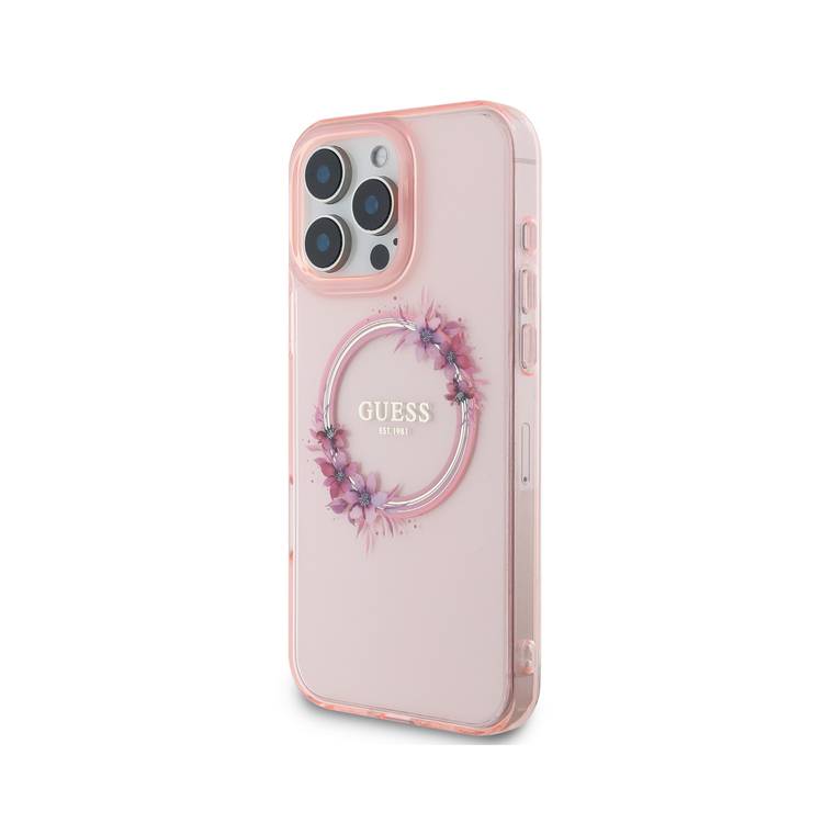 Guess Magsafe IML Hard Case with Flower Wreath Design for iPhone 16 Pro Max, Lightweight, Comfortable and Secure Grip, High Quality Material - Pink