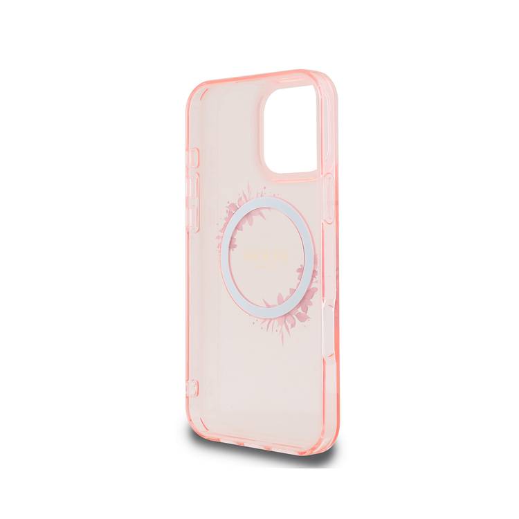 Guess Magsafe IML Hard Case with Flower Wreath Design for iPhone 16 Pro Max, Lightweight, Comfortable and Secure Grip, High Quality Material - Pink