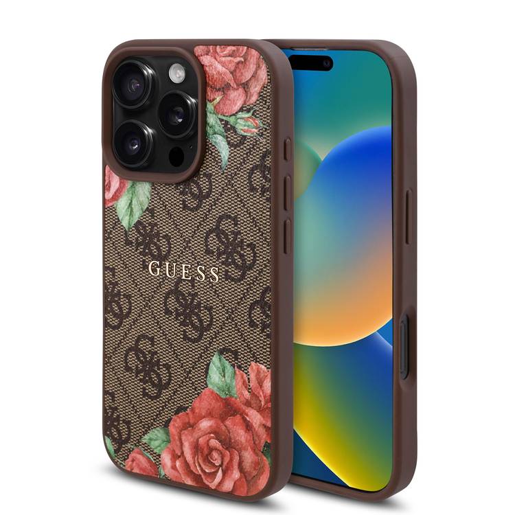 Guess PU 4G Hard Case with Roses Metal Logo for iPhone 16 Pro Max with Easy Snap on, Secure & Comfortable Grip, Raised Camera Edge - Brown
