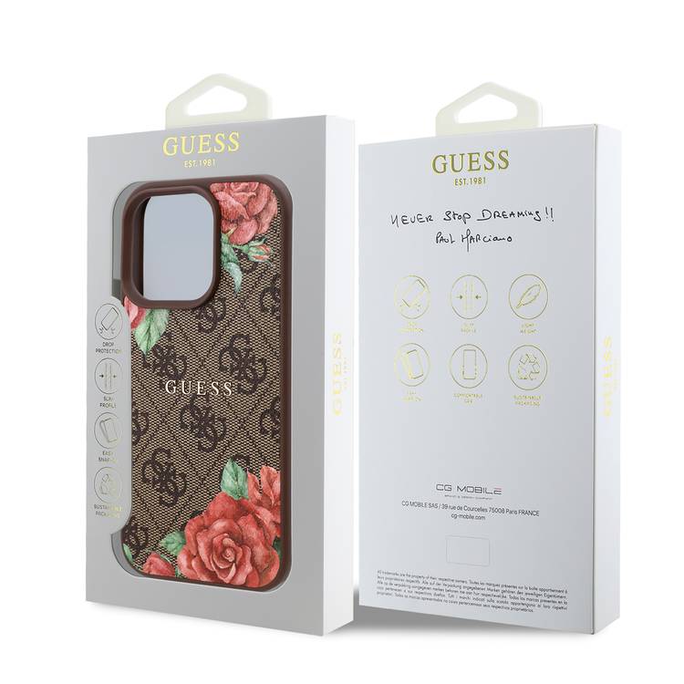 Guess PU 4G Hard Case with Roses Metal Logo for iPhone 16 Pro Max with Easy Snap on, Secure & Comfortable Grip, Raised Camera Edge - Brown