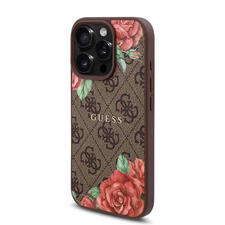 Guess PU 4G Hard Case with Roses Metal Logo for iPhone 16 Pro Max with Easy Snap on, Secure & Comfortable Grip, Raised Camera Edge - Brown