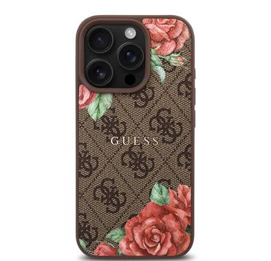 Guess PU 4G Hard Case with Roses Metal Logo for iPhone 16 Pro Max with Easy Snap on, Secure & Comfortable Grip, Raised Camera Edge - Brown
