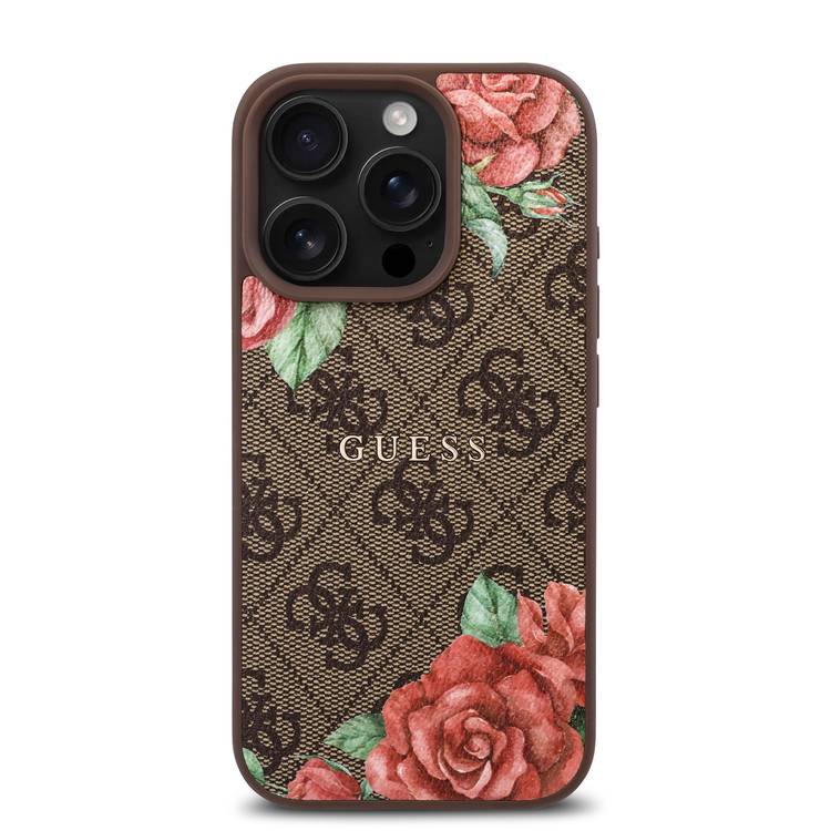 Guess PU 4G Hard Case with Roses Metal Logo for iPhone 16 Pro Max with Easy Snap on, Secure & Comfortable Grip, Raised Camera Edge - Brown