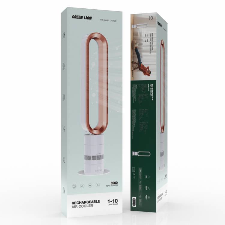 Green Lion Rechargeable Air Cooler, 8 Hours Working Time, 71° Body Sway Airflow Rotation, 8000mAh Battery Capacity, DC Brushless Motor, Easy to Clean, UK Plug Adapter, Timer - Gold & White