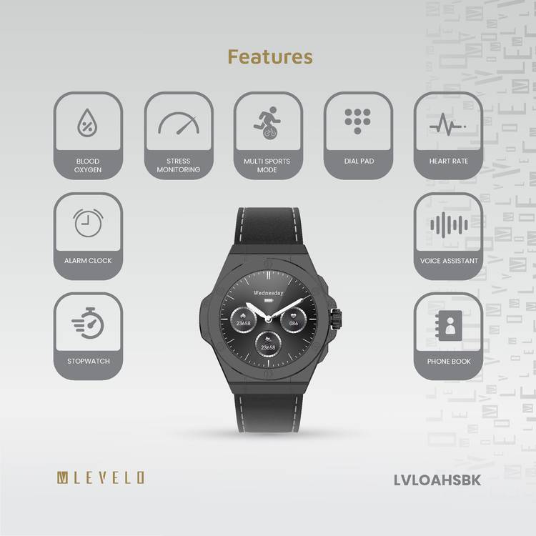 Levelo Oak Automatique Hybrid Smart Watch, Amoled Display, IP68 Water Resistant, Health Monitoring - Black 