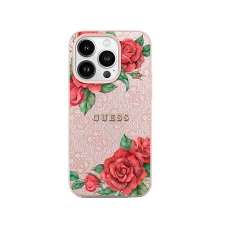 Guess PU 4G Hard Case with Roses Metal Logo for iPhone 16 Pro Max with Easy Snap on, Secure & Comfortable Grip, Raised Camera Edge - Pink 