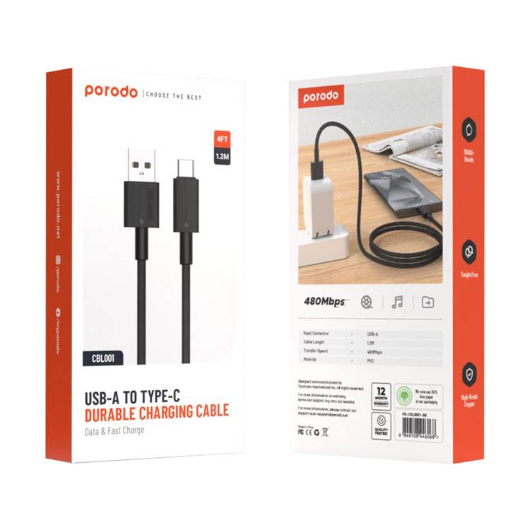 Porodo USB A to C PVC Cable, 480Mbps Transfer Speed, more than 15000 Bends Life Span, 1.2m Cable length, Tangle Free - Black 