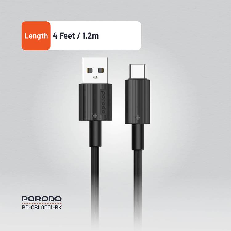 Porodo USB A to C PVC Cable, 480Mbps Transfer Speed, more than 15000 Bends Life Span, 1.2m Cable length, Tangle Free - Black 