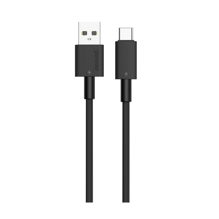Porodo USB A to C PVC Cable, 480Mbps Transfer Speed, more than 15000 Bends Life Span, 1.2m Cable length, Tangle Free - Black 