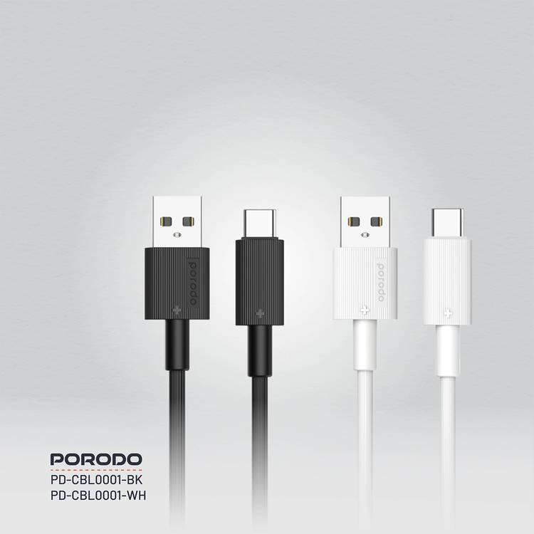 Porodo USB A to C PVC Cable, 480Mbps Transfer Speed, more than 15000 Bends Life Span, 1.2m Cable length, Tangle Free - Black 