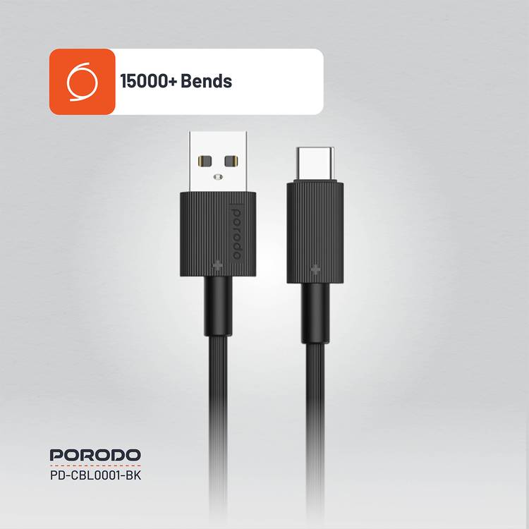 Porodo USB A to C PVC Cable, 480Mbps Transfer Speed, more than 15000 Bends Life Span, 1.2m Cable length, Tangle Free - Black 
