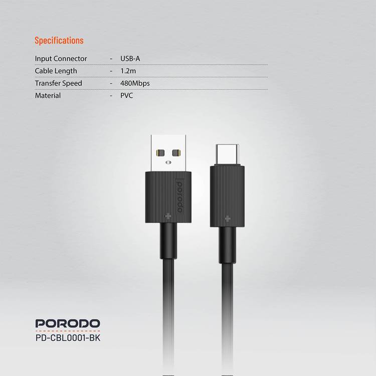 Porodo USB A to C PVC Cable, 480Mbps Transfer Speed, more than 15000 Bends Life Span, 1.2m Cable length, Tangle Free - Black 