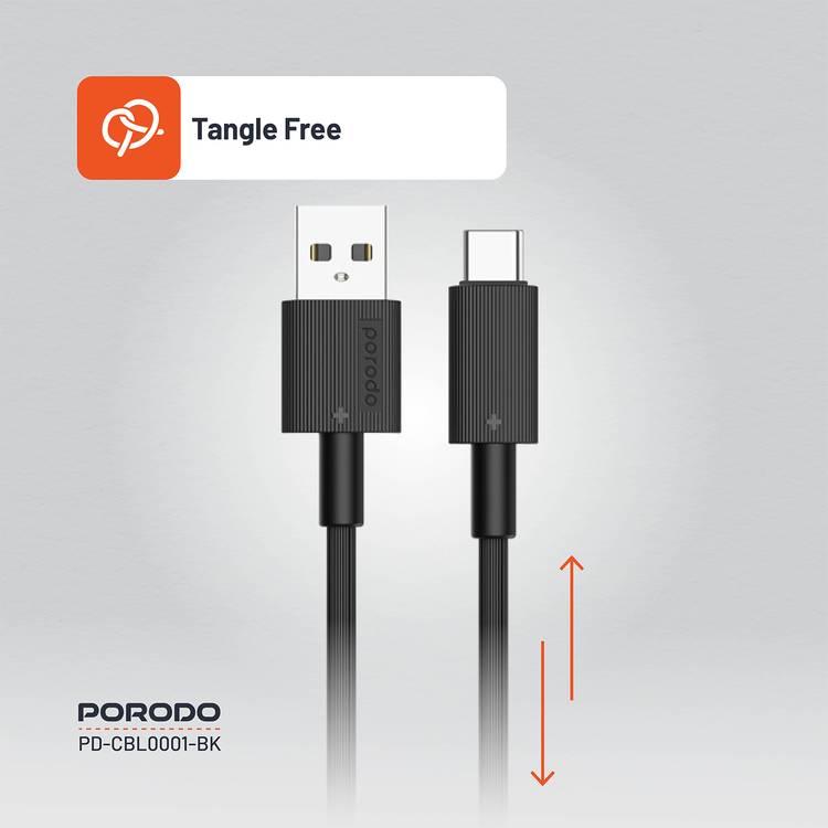 Porodo USB A to C PVC Cable, 480Mbps Transfer Speed, more than 15000 Bends Life Span, 1.2m Cable length, Tangle Free - Black 