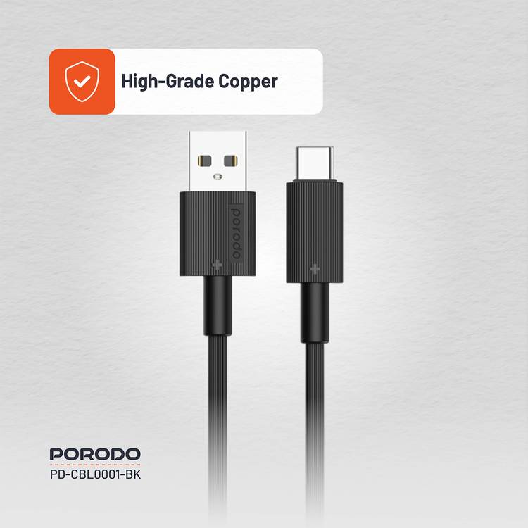 Porodo USB A to C PVC Cable, 480Mbps Transfer Speed, more than 15000 Bends Life Span, 1.2m Cable length, Tangle Free - Black 