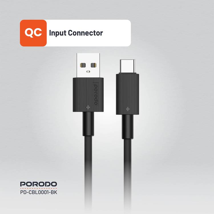 Porodo USB A to C PVC Cable, 480Mbps Transfer Speed, more than 15000 Bends Life Span, 1.2m Cable length, Tangle Free - Black 