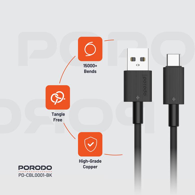 Porodo USB A to C PVC Cable, 480Mbps Transfer Speed, more than 15000 Bends Life Span, 1.2m Cable length, Tangle Free - Black 