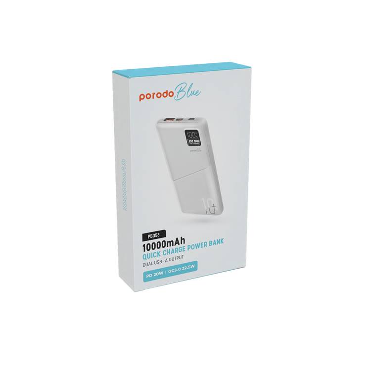 Porodo Blue Quick Charge Power Bank with USB-A & USB-C Outputs, 10000mAh Battery Capacity, Digital Display, 20W Power Delivery - White