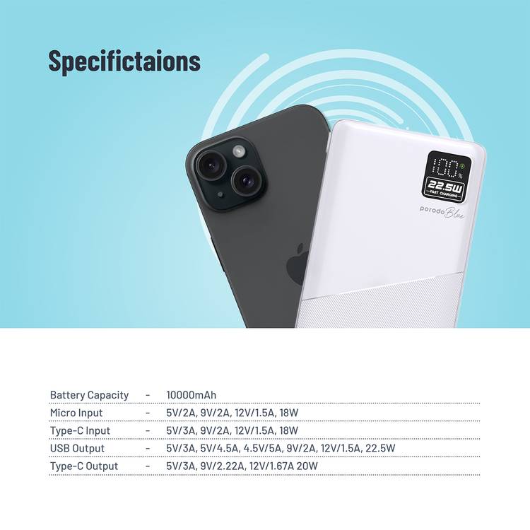 Porodo Blue Quick Charge Power Bank with USB-A & USB-C Outputs, 10000mAh Battery Capacity, Digital Display, 20W Power Delivery - White