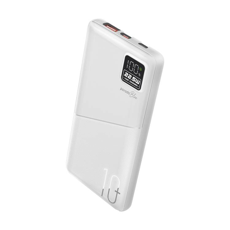 Porodo Blue Quick Charge Power Bank with USB-A & USB-C Outputs, 10000mAh Battery Capacity, Digital Display, 20W Power Delivery - White