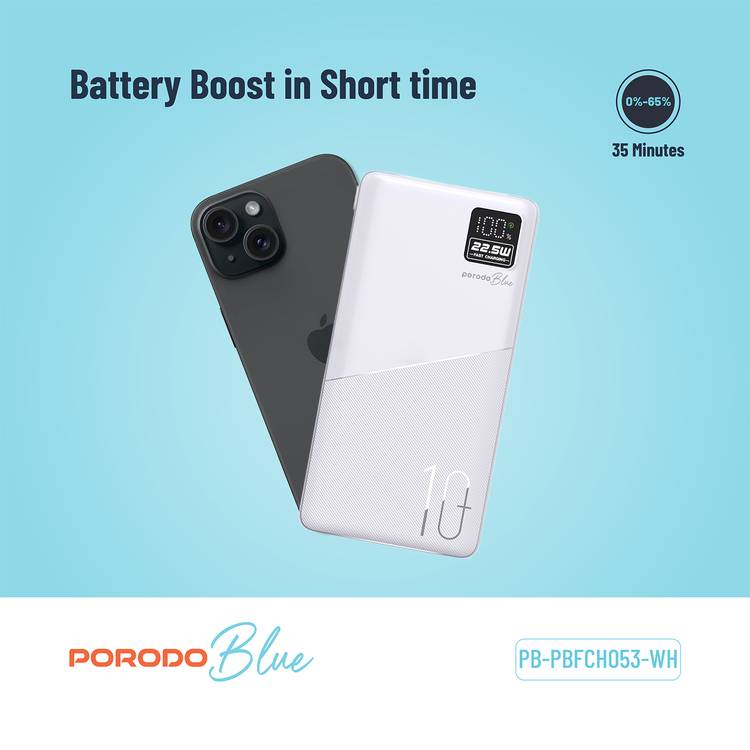 Porodo Blue Quick Charge Power Bank with USB-A & USB-C Outputs, 10000mAh Battery Capacity, Digital Display, 20W Power Delivery - White