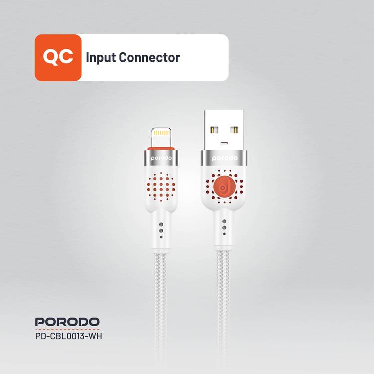 Porodo Aluminum Alloy Braided Cable USB-A to Lightning 1.2, 480Mbps Transfer Speed, 2.4A, more than 15000 Bends Life Span, Tangle Free - White