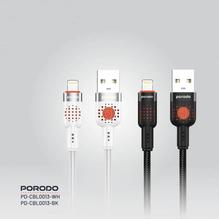 Porodo Aluminum Alloy Braided Cable USB-A to Lightning 1.2, 480Mbps Transfer Speed, 2.4A, more than 15000 Bends Life Span, Tangle Free - White