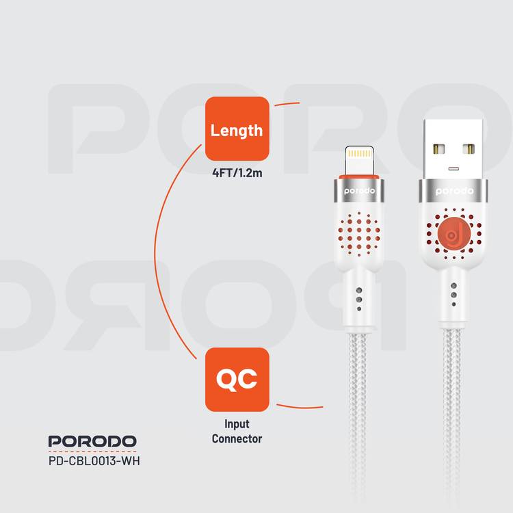 Porodo Aluminum Alloy Braided Cable USB-A to Lightning 1.2, 480Mbps Transfer Speed, 2.4A, more than 15000 Bends Life Span, Tangle Free - White