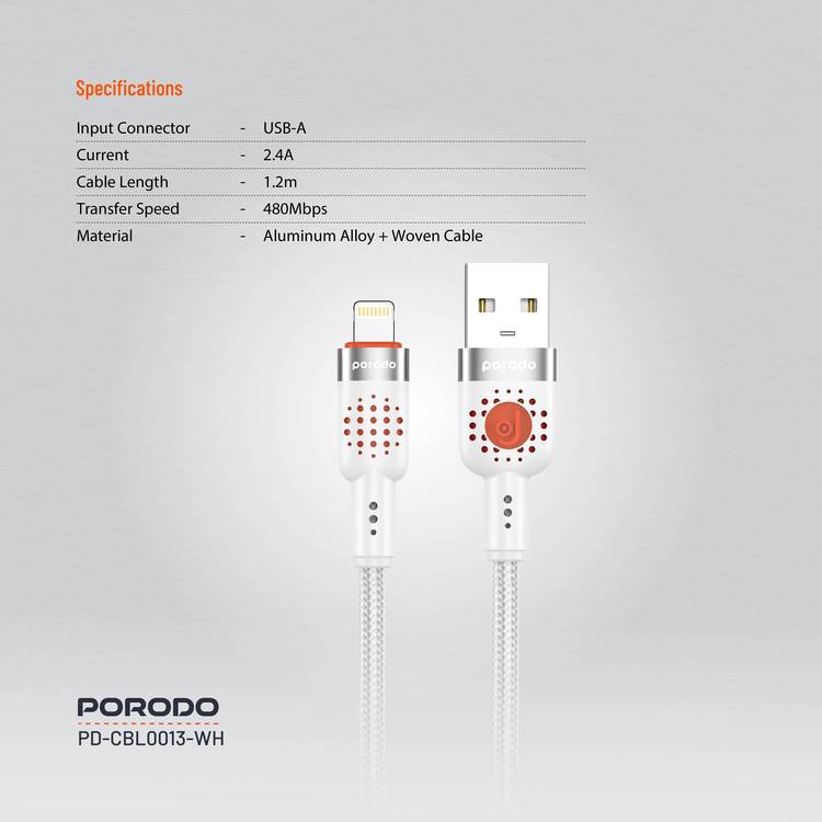 Porodo Aluminum Alloy Braided Cable USB-A to Lightning 1.2, 480Mbps Transfer Speed, 2.4A, more than 15000 Bends Life Span, Tangle Free - White