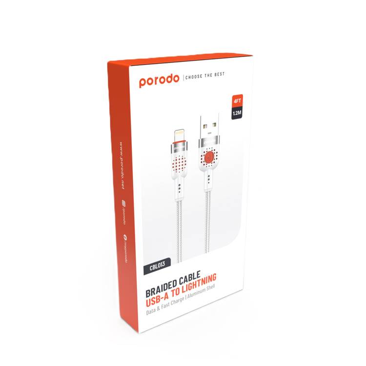 Porodo Aluminum Alloy Braided Cable USB-A to Lightning 1.2, 480Mbps Transfer Speed, 2.4A, more than 15000 Bends Life Span, Tangle Free - White
