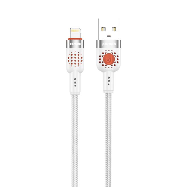 Porodo Aluminum Alloy Braided Cable USB-A to Lightning 1.2, 480Mbps Transfer Speed, 2.4A, more than 15000 Bends Life Span, Tangle Free - White