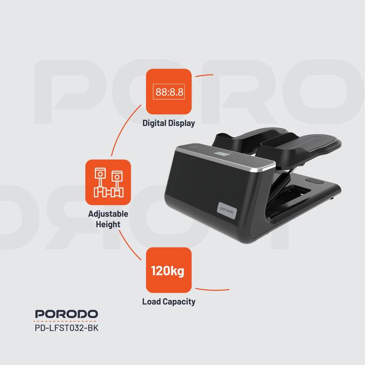 Porodo Lifestyle Mini Stepper Machine with Ropes, up to 120Kg Weight Capacity, Digital Display, AAA Battery Power Source, Hydraulic System, Full-Body Workout, Calorie & Step Counter - Black 