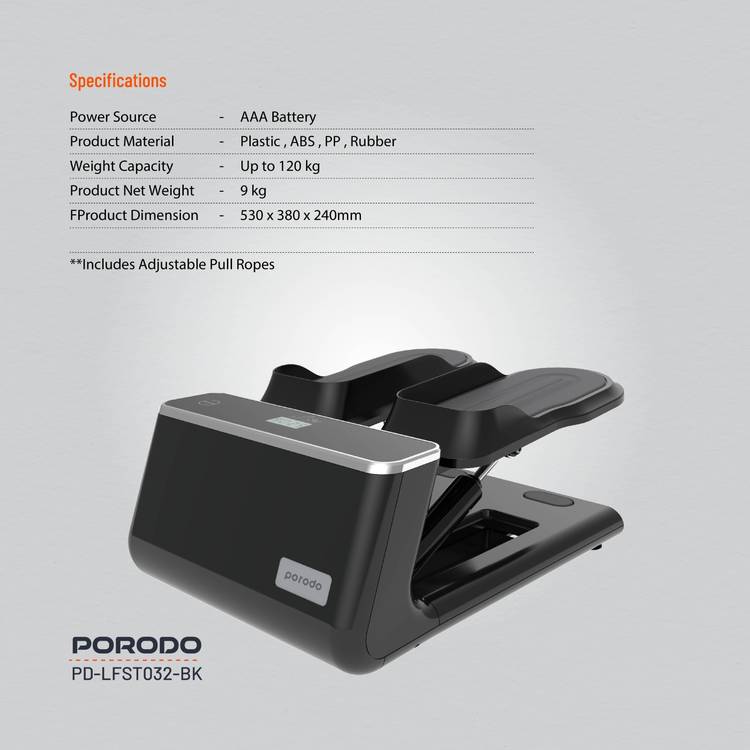 Porodo Lifestyle Mini Stepper Machine with Ropes, up to 120Kg Weight Capacity, Digital Display, AAA Battery Power Source, Hydraulic System, Full-Body Workout, Calorie & Step Counter - Black 